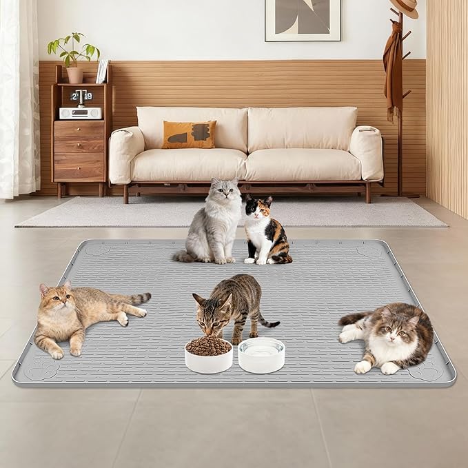 Lanstics Cat Food Mat, 40" x 28" Large Silicone Mat Cat Feeding Mat with Raised Edge Non-Slip Pet Feeding Mat for Food and Water Bowl, Easy to Clean, Floor Protection (Gray)