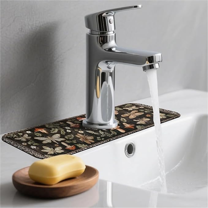 Kitchen Sink Splash Guard，Mushrooms dragonflies moths Faucet Mat Sink Gadgets-Super Absorbent Fast Drying Mat Drip Catcher for Kitchen, Bathroom,Sink Mat, Dish Drying Mat, Bathroom(15" X 5.5" )