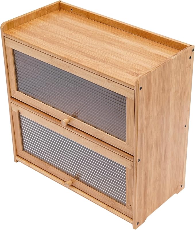 Storage Cabinet, Natural Bamboo Storage Bins and Boxes Organizer, Acrylic Door 2-Tier Design Vertical Storage Space Countertop Storage Cabinet, Deck Mounted Open Top Floor Kitchens Cabinets