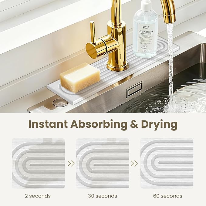 Premium Diatomite Stone Drying Mat for Kitchen Counter - Faucet Mat, Sink Protector & Splash Guard, Quick-Dry Kitchen Sink Mat (White, 15.8" x 4")