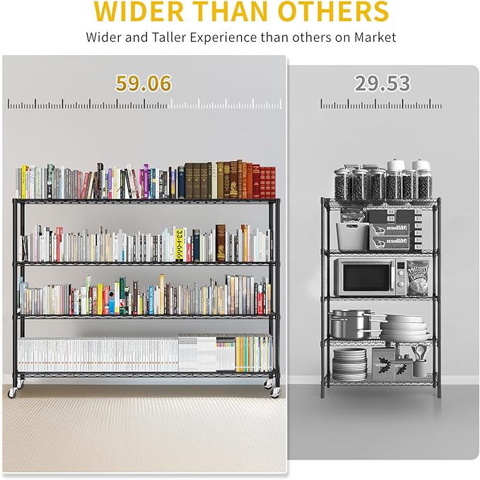 Karl home 4-Tier Metal Storage Shelves, Adjustable Wire Shelving Unit with Wheels & Leveling Feet, Heavy Duty Garage Shelving, Pantry & Kitchen Display Shelf Organizer, Home Storage Rack