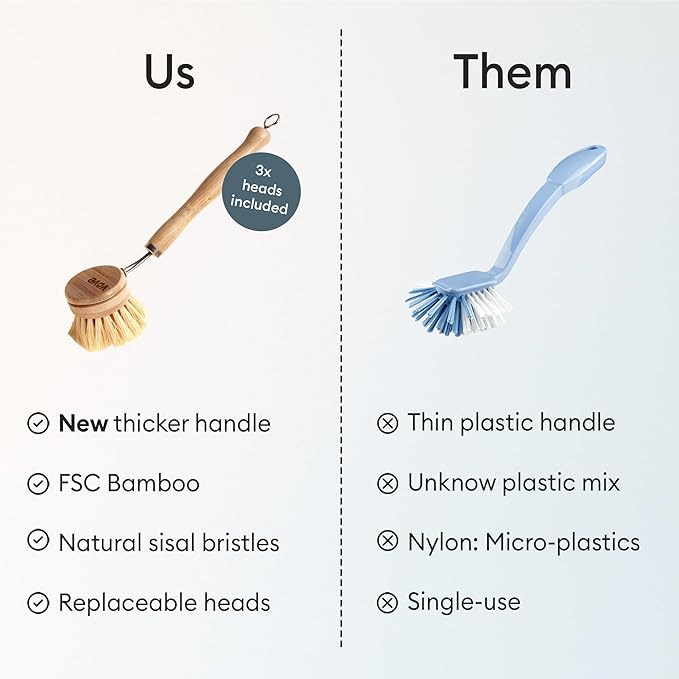 Vove Bamboo Dish Brush, FSC-Certified - Includes 3 Replacement Heads - Natural Fiber Bristles - Non-Toxic, Plastic-Free - Scrub Brush for Pots, Pans & Dishes