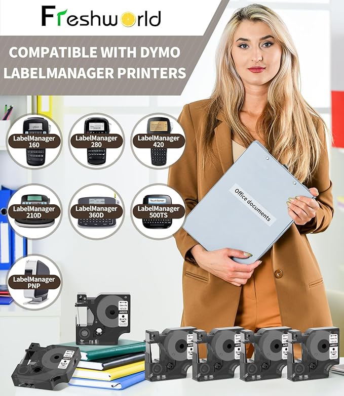 Freshworld Compatible with Dymo Label Maker Refills d1 Replace for Dymo D1 Label Tape 45010,Black on Clear,1/2 In x 23 Ft,for LabelManager 160 210D 260P 280 360D 420P PnP 220P 260P 500TS 450DUO,6-Pack
