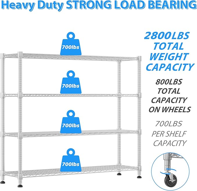 Homdox Heavy Duty Metal Shelves for Storage, 4 Tier Storage Racks and Shelving, Commercial Adjustable Wire Shelving Unit on Wheels, Garage Rack Pantry Shelves Kitchen Shelving, 18"x60"x72", Chrome