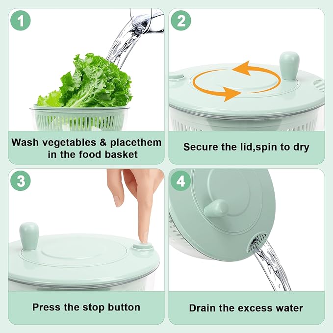 Multi-Use Large Salad Spinner, 5.3 Qt Vegetables Fruits Wash Spinner Bowl,Lettuce Dryer with 5 Blades,Egg Yolk Strainer Slicer Shredder, Salad Bowl for Efficient Preparation-Green