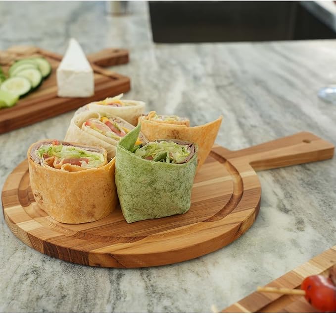 EcoDecors 14" Round Teak Cutting Board with Handle, FSC Certified Solid Wood, Edge Grain with Juice Groove, Carving Board for Kitchen & Prep