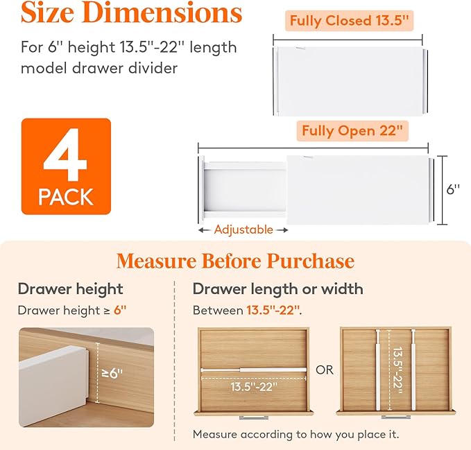 Lifewit 4 Pack Drawer Dividers Plastic 6" High, 13.5-22" Adjustable Drawer Organizers for Clothes, Expandable Dresser Separators in Bedroom/Bathroom/Kitchen/Fridge/Office Organization and Storage