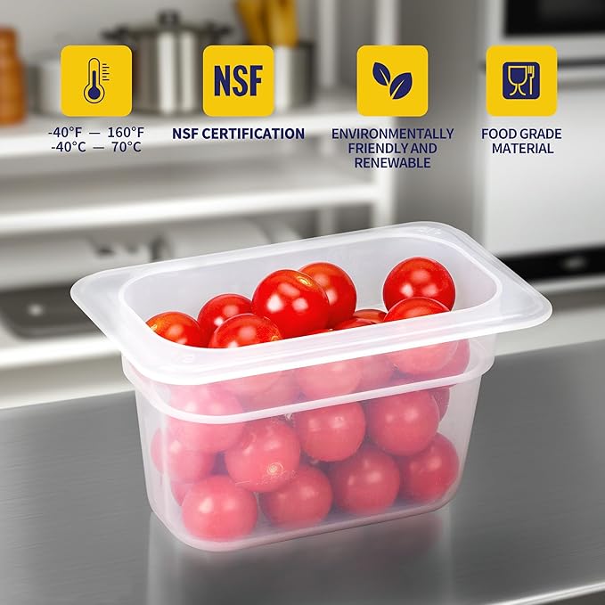 BIEAMA 12 Pack 1/9 Size 4'' Deep Plastic Food Pans with Lids, Translucent, Commercial, BPA-free, Stackable Storage for Restaurants, Buffets