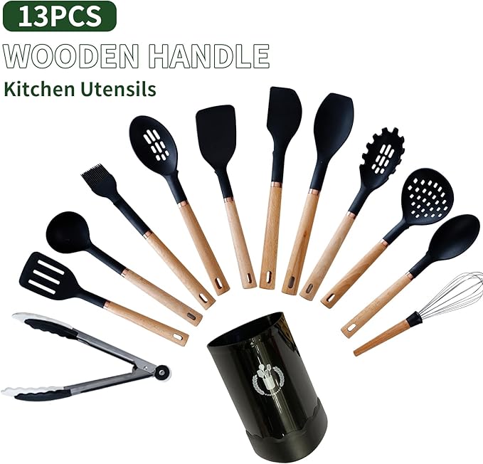 Jiufei Home Silicone Cooking Utensils Set, Kitchen Utensils Set 13 Pcs for cooking, BPA Free Spatula Set with Heat Resistant Wood Handles for Nonstick Cookware (Black)