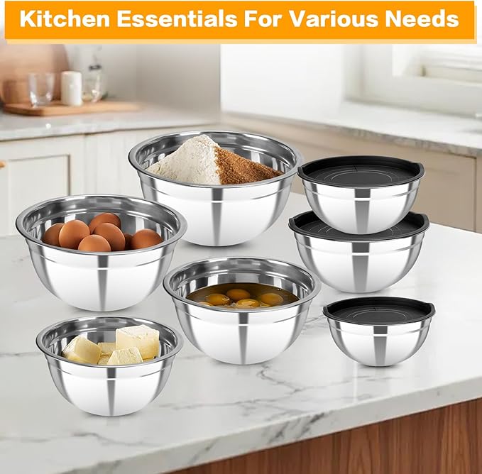 YJSLICT 7 Piece Stainless Steel Mixing Bowls with Lids Set, Metal Mixing Bowls Nesting Design Salad Bowl for Kitchen Cooking, Baking, Prepping and Serving Food (Size 0.7, 1.1, 1.5, 2.1, 3.5, 4, 4.5QT)