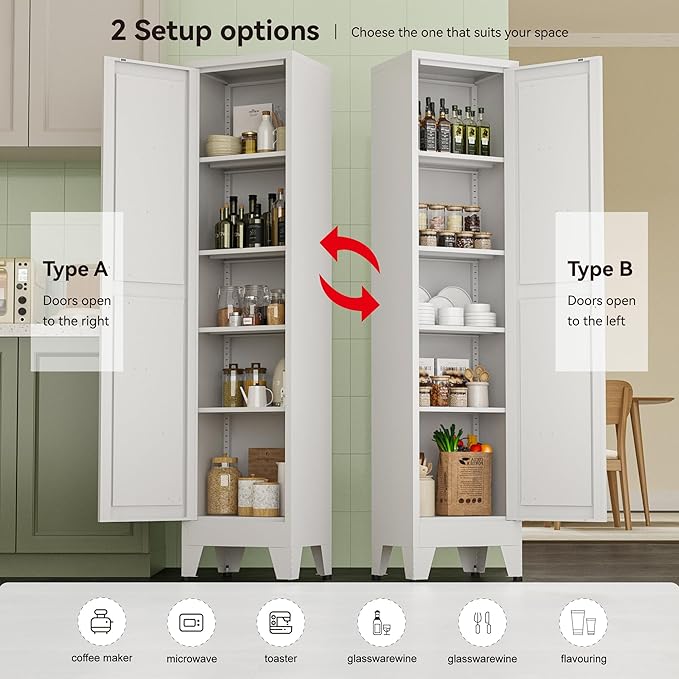 YAUWOH Narrow Metal Cabinet with 4 Adjustable Shelves and Barn Doors,Tall Bathroom Storage Cabinet, Metal Pantry Organizer for Kitchen,Home Office, Dining Room,White