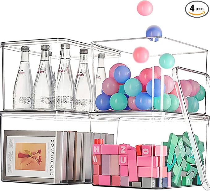 GUMEIGODA Clear plastic storage bins with LIDS-4packs,storage containers for snacks, cosmetics, books, dog food, Storage Organizer for Nursery，Kitchen, Living room,Bedroom, Bathroom, Office