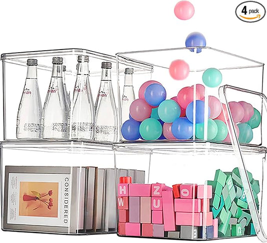 GUMEIGODA Clear plastic storage bins with LIDS-4packs,storage containers for snacks, cosmetics, books, dog food, Storage Organizer for Nursery，Kitchen, Living room,Bedroom, Bathroom, Office