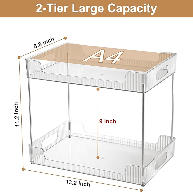 Goderewild 2-Tier Bathroom Counter Organizer, Multi-Purpose Cosmetics Skincare Shelf, Fits A4 Size Makeup Organizer for Office and Vanity Tray, Countertop Storage Solution for Kitchen,Bath.(Clear)