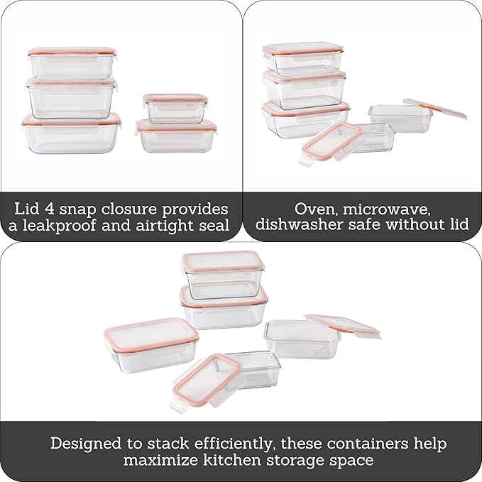 IMUSA Glass Food Storage Containers with Lids, 10 Piece Set Borosilicate Glass Meal Prep Containers Oven Microwave Freezer Safe Airtight and Leakproof