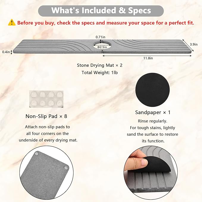 Stone Faucet Mat for Kitchen Sink - Drying Stone with Non-slip Pads, Sink Water Splash Guard for Bathroom Counter, Sink Caddy Holds Soap & Tools, 23.6 × 3.9in, Light Gray, Curved Lines