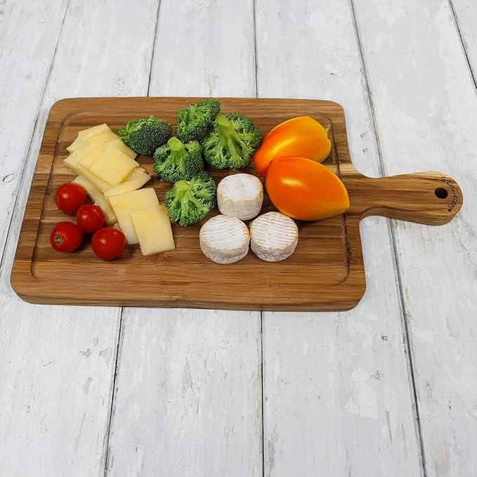 EcoDecors 15.5"x8.5" Teak Cutting Board with Handle, FSC Certified Edge Grain Wood, Small Kitchen Prep Board for Cheese & Charcuterie
