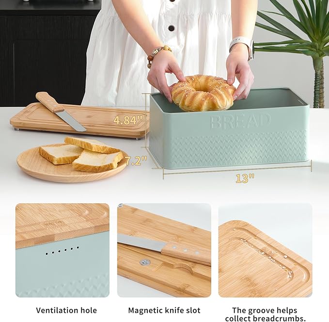 Bread Box for Kitchen Countertop,Metal Bread Storage Bin with Bamboo Cutting Board Lid, Includes Bread Knife, Fits Sourdough & Buns, Stylish Organize (Green)