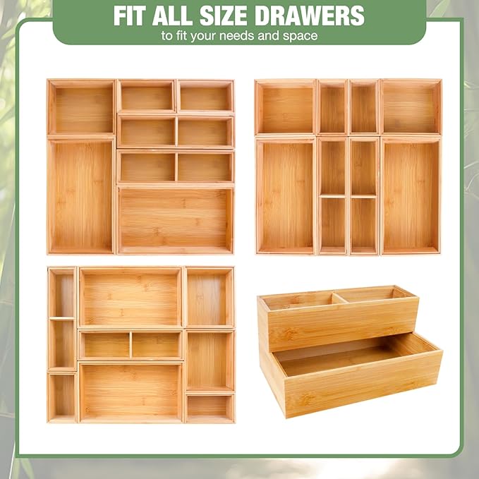 Bxngjuj Bamboo Drawer Organizer Set, 8 PCS Multi-Use Wood Drawer Storage Boxes, Junk Drawer Organizer Divider Bins for Kitchen, Bathroom, Office Desk, Makeup, Jewelry, Utensils