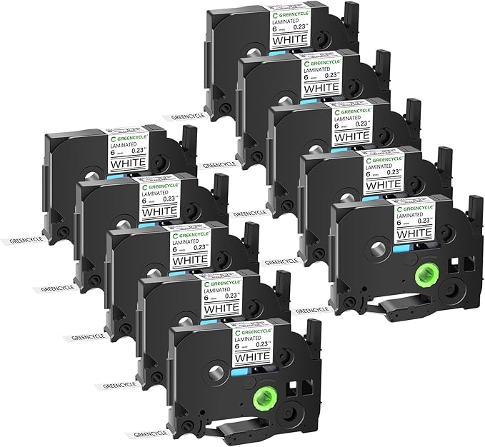 GREENCYCLE 10-Pack Compatible for 1/4" 0.23" 6mm Black on White TZe-211 AZE211 TZ-211 TZ211 Standard Laminated Label Tape for Ptouch PT-D210 PTD400AD PT1230 PTH110 PT Cube Labeler