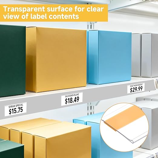 50 Pcs Shelf Label Strips 1.5''H x 48''L Self Adhesive Label Holder with 50 Pcs White Labels, Gondola Price Tag Holder Clear PVC Adhesive Ticket for Metal Wood Plastic Rack (Clear)