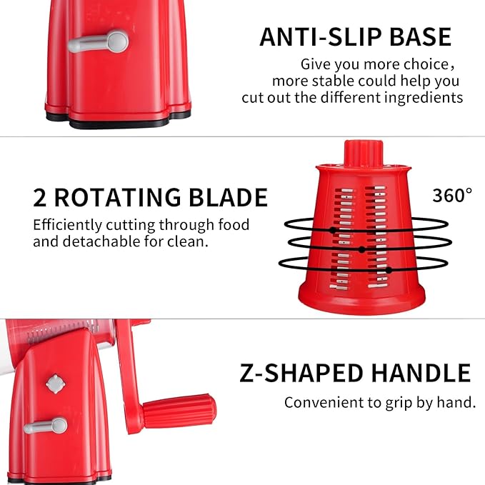 ChinKc Upgrade Rotary Cheese Grater Shredder with Handle, Strong Suction Base, Multi-purpose Rotary Grater Slicer with 5 Interchangeable Blades for Ice, Vegetables, Fruit, Nuts with Blade Storage Box