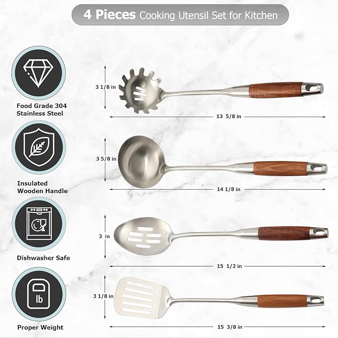 Barenthal Cooking Utensil Set - 304 Stainless Steel Kitchen Utensils Sets with Wood Handle Cookware Set Utensils kitchen tool set Dishwasher Safe- Slotted Spatula, Pasta, Spoon, Soup Ladle Set 4pc