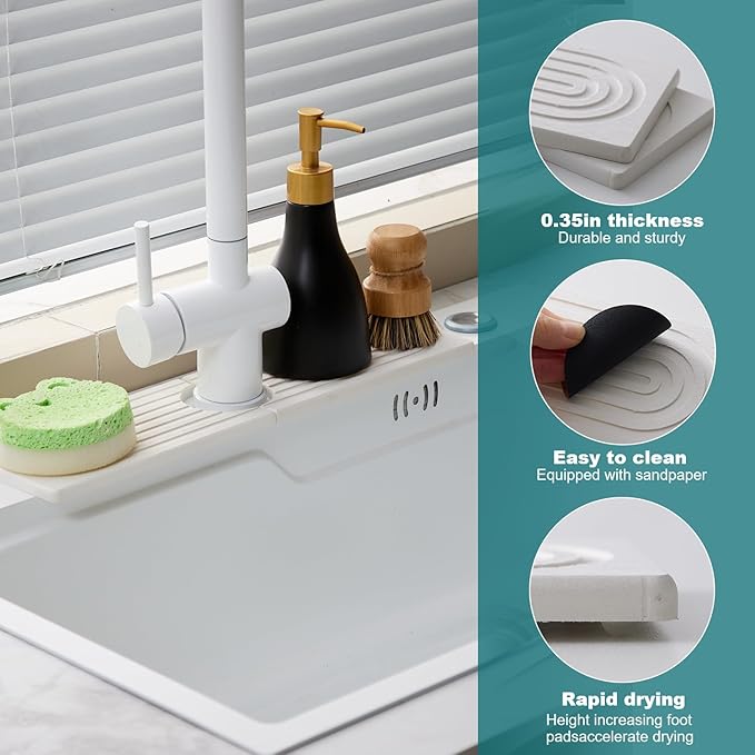 Stone Faucet Mat for Kitchen Sink Bathroom Counter, 15.7 Inch White Diatomite Water-Absorbing Drying Stone Mat, Sink Stone Tray Protector,Prevent Moisture Sink Splash Guard