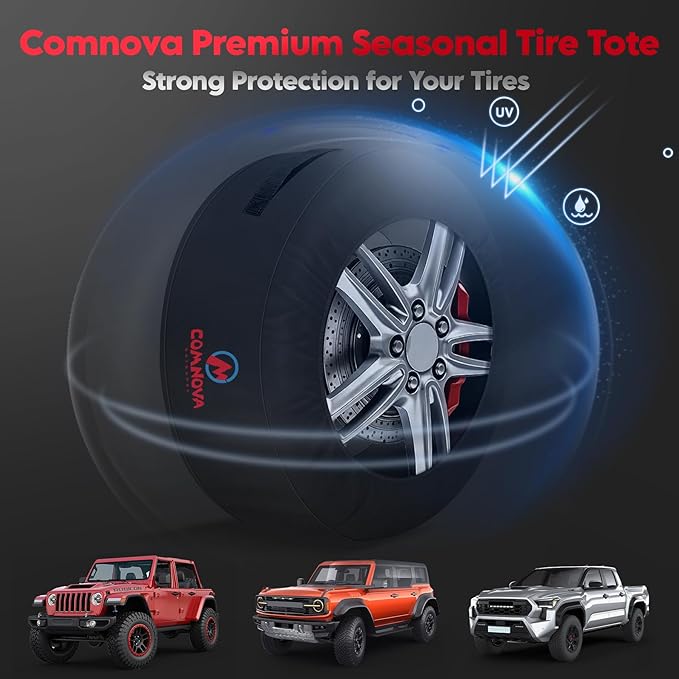 Comnova Seasonal Tire Totes 4 Pack - 600D Spare Tire Cover with Handle, Waterproof Heavy Duty Fade-Resistant Tire Storage Bag, Fits Tire Diameters 22" - 31", Black