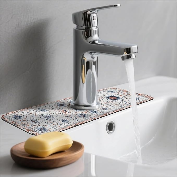 Kitchen Sink Splash Guard，Geometrically complex flowers Faucet Mat Sink Gadgets-Super Absorbent Fast Drying Mat Drip Catcher for Kitchen, Bathroom,Sink Mat, Dish Drying Mat, Bathroom(15" X 5.5" )