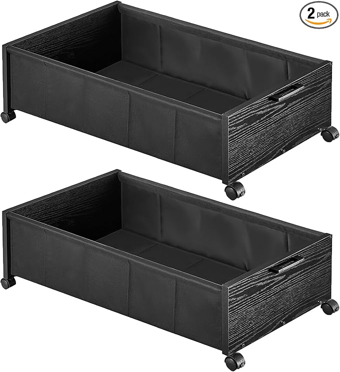 Under Bed Storage with Wheels, Wooden Under Bed Drawers On Wheels, Rolling Under Bed Shoe Storage, Space Saving, Black,Quadruple Size,90L