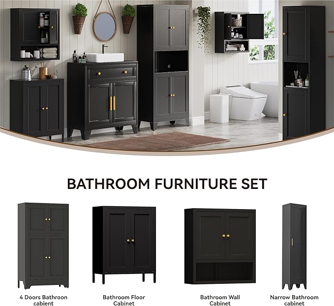 Bathroom Floor Cabinet, Metal Storage Cabinet with 2 Adjustable Shelves & 4 Doors,Freestanding Sideboard for Dining Room,Living Room, Home Office(1PC,Black)