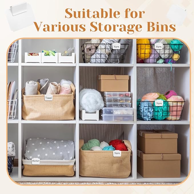 50 Pcs White Basket Labels Clip with 4 Black Chalk Markers Reusable Plastic Storage Bin Erasable Labels Kitchen Pantry PVC Tag Stickers for Fabric Cubes Basket Box Organization