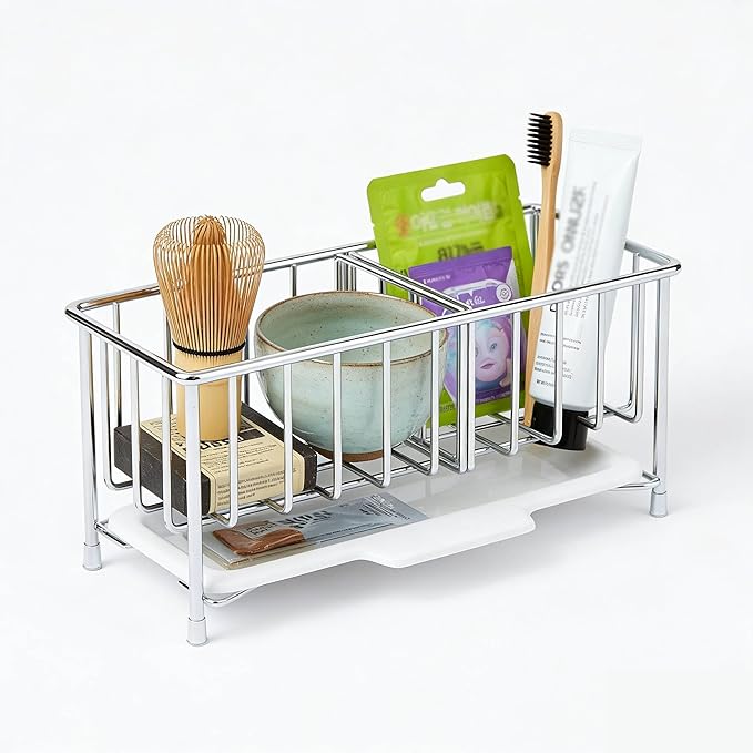 Kitchen Sink Sponge Holder, 304 Stainless Steel Soap Dispenser Caddy Organize, Kitchen Sink Brush Caddy Holder with Removable Drain Tray