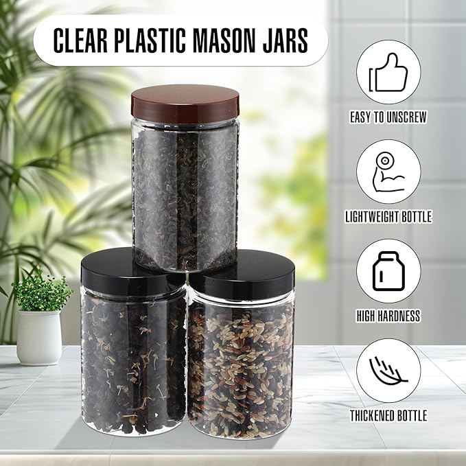 Mifoci 50 Pcs 9.5 oz Clear Plastic Jars Containers Wide Mouth Food Storage Jar for Kitchen Dry Food Butter Honey Cosmetics Cream, Black and Brown(2.56''l x 3.94''h)