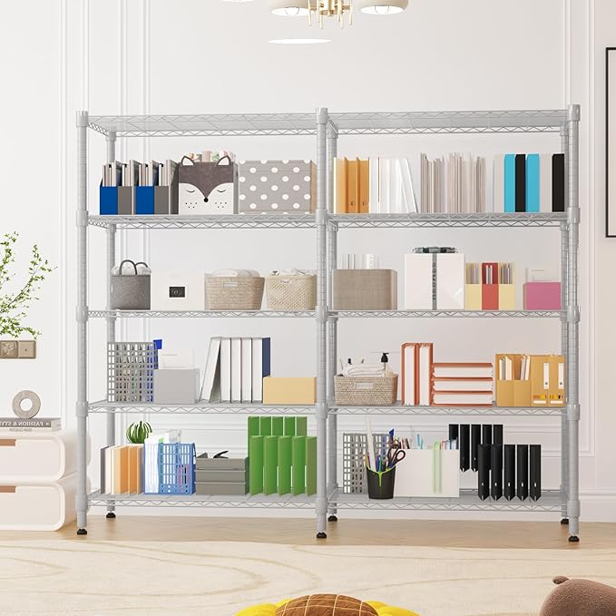 Homdox Heavy Duty Metal Shelves for Storage, 5 Tier Storage Racks and Shelving, Adjustable Wire Shelving Unit, Garage Rack Pantry Shelves Kitchen Shelving, 18"x72"x72", Silver Gray