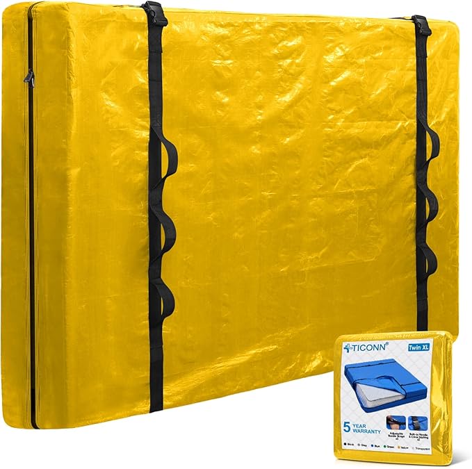 TICONN Mattress Bags for Moving, Heavy Duty Twin XL Mattress Cover Storage Bag with Full-Around Handle and Adjustable Buckles (Yellow, Twin XL)