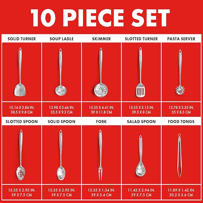 Emeril Lagasse 10-Piece Stainless Steel Utensil Set – Premium 304 Mirror Finish Cooking Tools with Hanging Loops – Heat Resistant, Dishwasher Safe Kitchen Gadgets for Nonstick Cookware