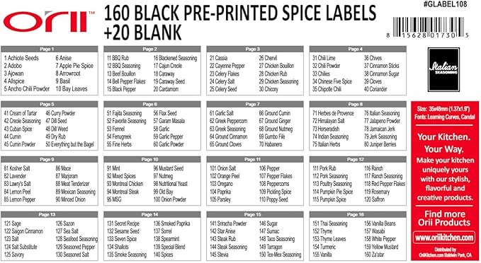 Orii Black Rectangular Spice Labels Stickers for Spice Jars|160 Pre-Printed +20 Blank Labels Spice Container Storage | Preprinted Labels for Kitchen Pantry | Herb Seasoning Labels for Jars