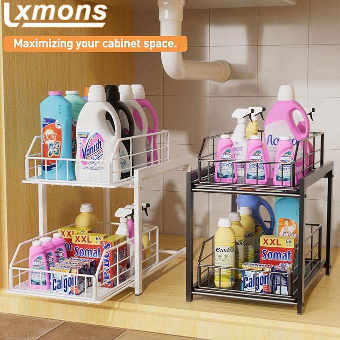 Lxmons 2 Tier Sliding Basket Drawer Organizer, Pull Out Under Sink Cabinets Organizers, Metal Home Shelf for Bathroom or Kitchen, Sliding Countertop or Pantry Storage Shelf, White
