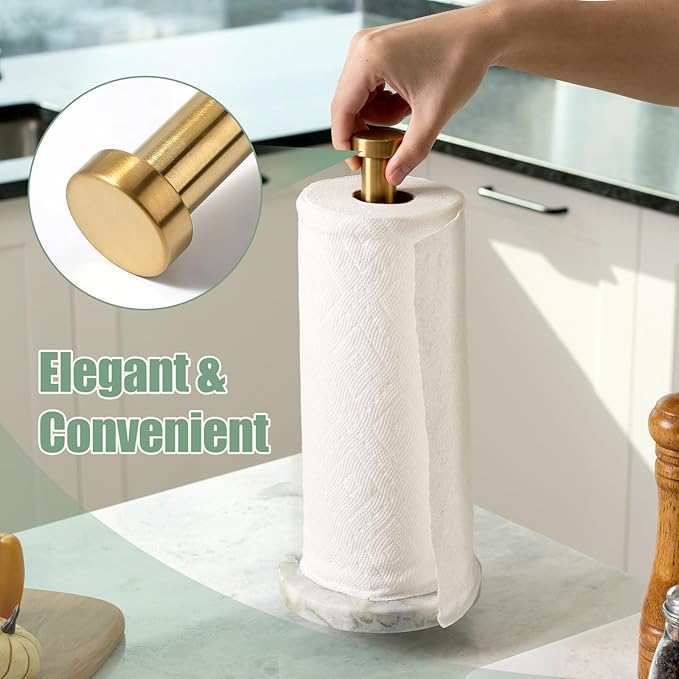 Koville Genuine Marble Paper Towel Holder Countertop, 6" Stone Base Gold Rod Paper Towel Holder Stand for Kitchen Storage, for Standard or Jumbo-Sized Rolls