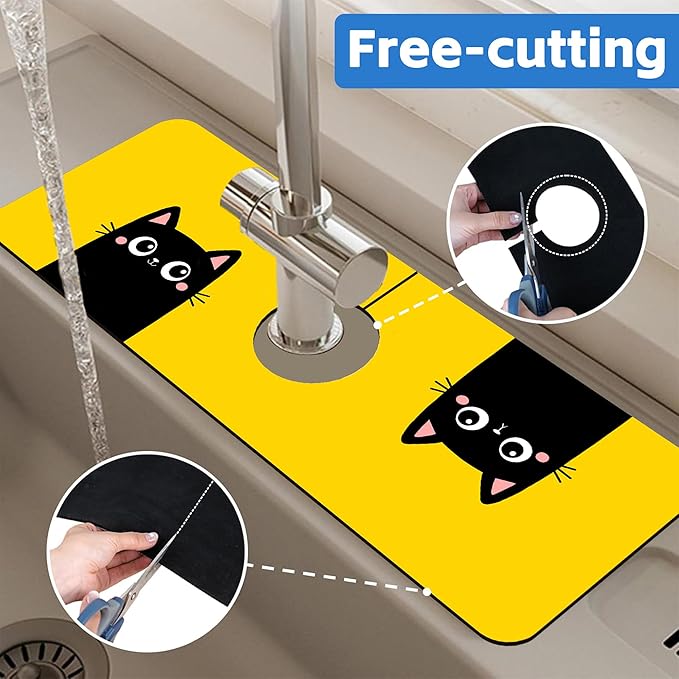 Cute Black Cat Head Kitchen Sink Splash Guard Mat Absorbent Fast Drying Mat Faucet Draining Mat Sink Splash Guard Behind Faucet Drip Catcher for Kitchen Bathroom 5.5"×15"