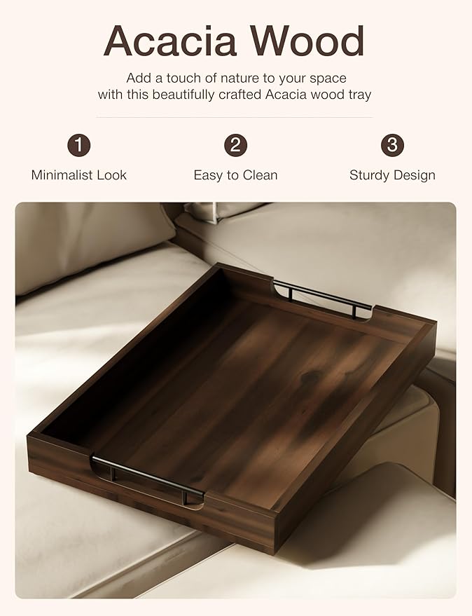 TIDITA 20 Inch Acacia Wood Ottoman Tray for Living Room - Coffee Table Trays, Serving Tray with Handles for Ottoman Table, Decorative Trays for Home Decor, Charcuterie Boards (Walnut Color)