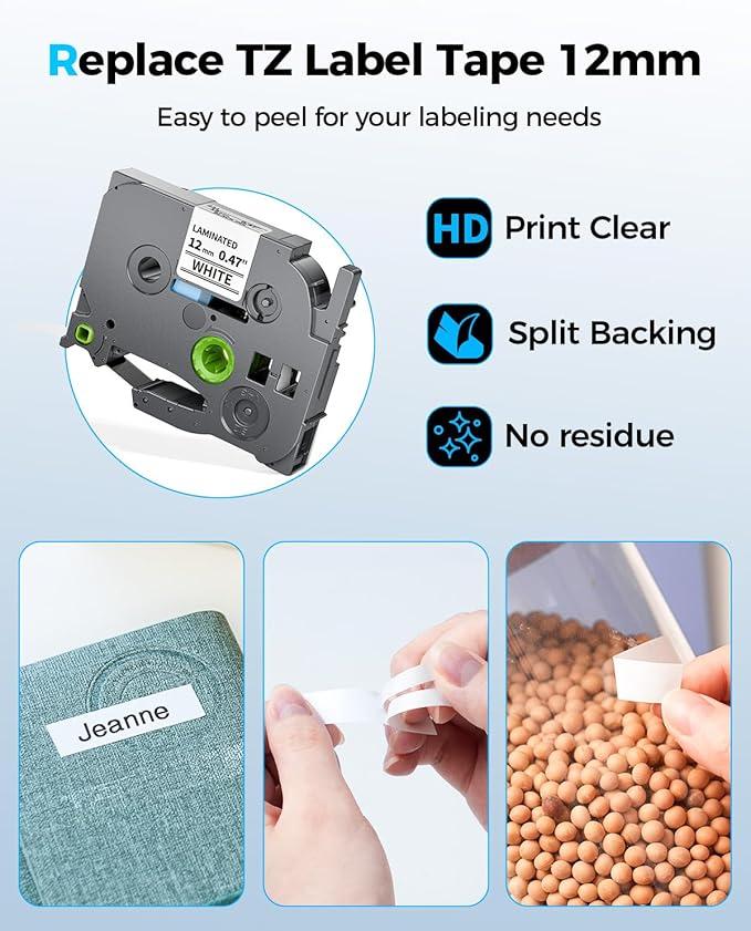 Colorty Replace for Brother P-Touch Label Tape Tze 12mm 0.47 Laminated White TZe-231 Ptouch Label Maker Refills AZe TZ Tape for PT-D210 PTD220 D200 H110 H110BP Labelmaker, 1/2"(12 mm) x 23ft, 5 Pack