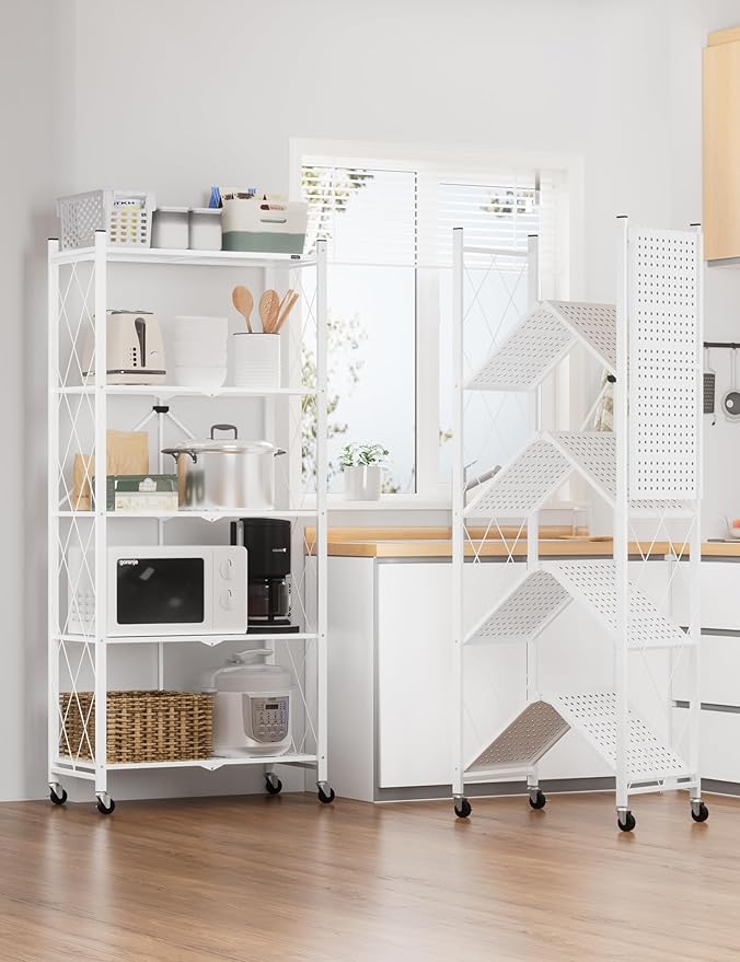 ALANNG 70.7" H Metal Storage Shelves, 5 Tier Folding Shelf on Wheels, Heavy Duty, No Assembly, Rolling, Collapsible Rack Unit for Kitchen, Basement, Pantry (White,3 Pack)