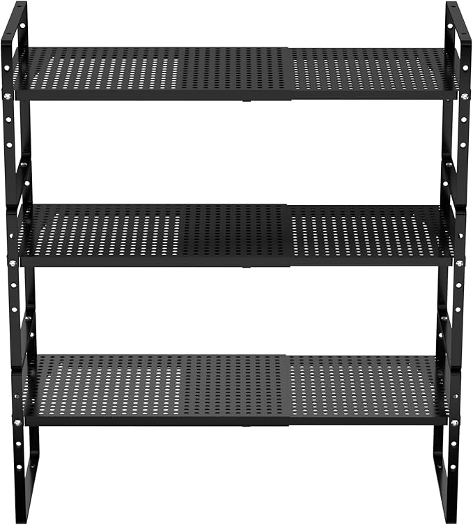 Redrubbit Large Expandable Cabinet Storage Shelf, Adjustable Height Steel Metal Kitchen Counter Organizers Shelves Spice Rack for Kitchen Pantry Bathroom Cupboard Desk Home Office, Black-3 Pack