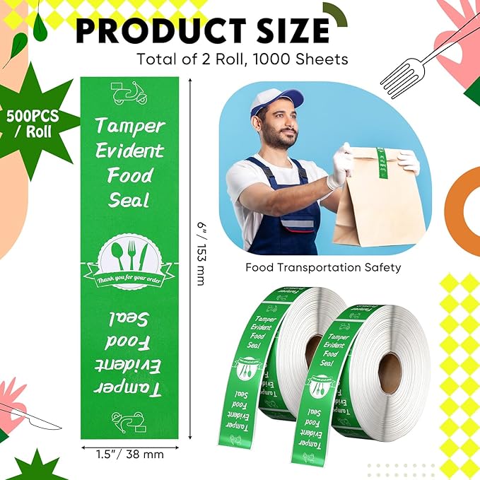 1000 Pieces Tamper Proof Stickers Safety Stickers for Food Delivery 1.5 x 6 Inches Tamper Seal Proof Tape Safe Labels Sealed for Freshness Drink Food Container Pizza Boxes(Green)