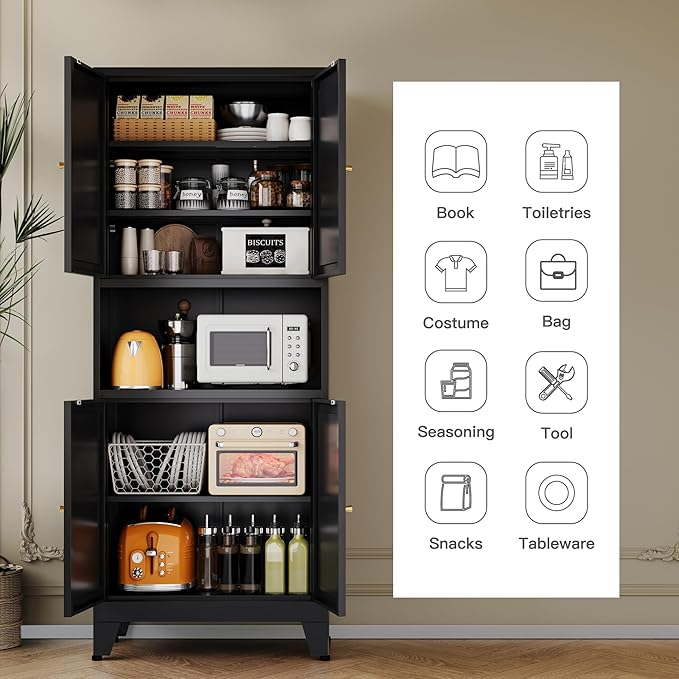 YAUWOH Metal Pantry Storage Cabinet, 69" Tall Storoge Cabinet with 4 Doors & 3 Adjustable Shelves, Microwave Stand with Storage for Kitchen, Dining Room, Living Room (1PC,Black)