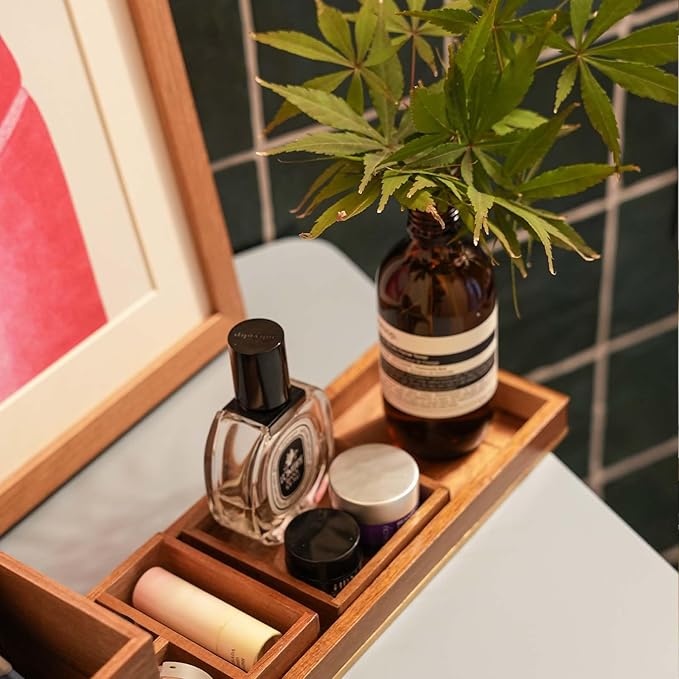 ROCDEER Wood Vanity Tray, 6-Piece Small Bathroom Counter Organizer Wooden Decorative Trays Rectangular Perfume Jewelry Makeup Cosmetic Holder Set - Holds Small Items