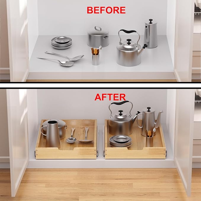 Sikarou Wood Pull Out Cabinet Organizer 23" W x 21" D, Heavy-Duty Sliding Drawers for Inside Cabinets Storage and Organization for Kitchen, Pantry, Bathroom